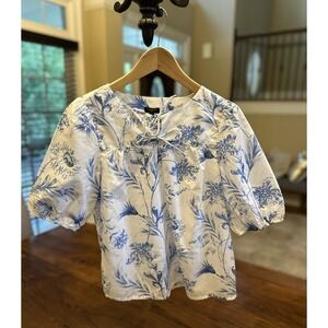 Talbots Petite Small Blue White Floral Toile Lightweight Shirt Puff Sleeve Top